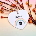 Personalised Pet Memorial Ceramic Heart – Custom Name Hanging Heart with Rainbow and Paw Print