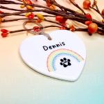 Personalised Pet Memorial Ceramic Heart – Custom Name Hanging Heart with Rainbow and Paw Print