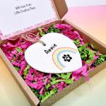 Personalised Pet Memorial Ceramic Heart – Custom Name Hanging Heart with Rainbow and Paw Print