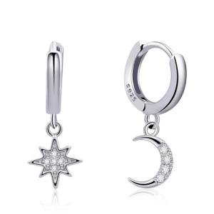 925 Sterling Silver Huggie Hoop Earrings with Moon & Star Design - Handmade Drop Dangle Jewelry for Women & Girls