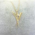 14K Real Solid Gold Scissors and Comb Charm Pendant Necklace Hair Stylist Dresser Salon Gift Fashion Barber Beauty Shop Women Jewelry