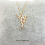 14K Real Solid Gold Scissors and Comb Charm Pendant Necklace Hair Stylist Dresser Salon Gift Fashion Barber Beauty Shop Women Jewelry