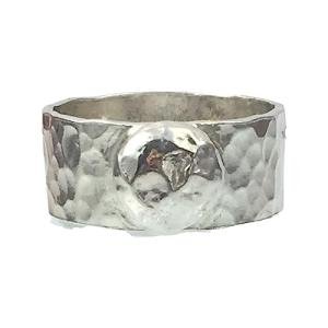 Handmade Chunky Hammered Wide 8mm Solid Silver 925 Band Ring with Blob Hallmarked