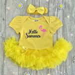 Baby Girls Hello Summer Yellow Tutu Romper with Bow Headband, Newborn Holiday Dress (Premature)
