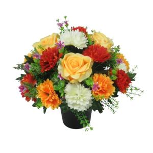 UK Handmade Artificial Grave Flowers for Cemetery Pot - Weather Resistant Faux Silk Memorial Arrangement with Premium Yellow open Roses and spiky Chrysanthemums in Red and Orange 27cm Grave Decoration