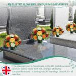 UK Handmade Artificial Grave Flowers for Cemetery Pot - Weather Resistant Faux Silk Memorial Arrangement with Premium Yellow open Roses and spiky Chrysanthemums in Red and Orange 27cm Grave Decoration