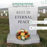 UK Handmade Artificial Grave Flowers for Cemetery Pot - Weather Resistant Faux Silk Memorial Arrangement with Premium Yellow open Roses and spiky Chrysanthemums in Red and Orange 27cm Grave Decoration