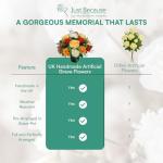 UK Handmade Artificial Grave Flowers for Cemetery Pot - Weather Resistant Faux Silk Memorial Arrangement with Premium Yellow open Roses and spiky Chrysanthemums in Red and Orange 27cm Grave Decoration