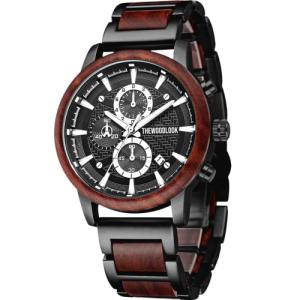 Luxury Wood & Steel Watch for Men – Red Sandalwood Chronograph with Black Bracelet, 30th 40th Birthday Present, Promotion Gift, Wedding Anniversary Surprise Fathers Day Present