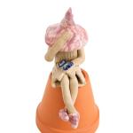 Fairy garden fairy, ceramic plant pot ornament, outdoor indoor figurine, pink hat, holding a blue butterfly.