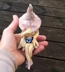 Fairy garden fairy, ceramic plant pot ornament, outdoor indoor figurine, pink hat, holding a blue butterfly.