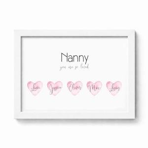 Violet Grace Personalised Nanny Heart Print - Nan So Loved Birthday Gift Fom Kids - Family Grandkids Name Picture Wall Art Gift For Nanny, Gran | A5, A4, A3 Printed & Framed