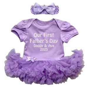 Personalised First Father's Day 2025 Dress, Newborn Baby Girls Daddy & Daughter Purple Tutu Romper with Headband (Premature)