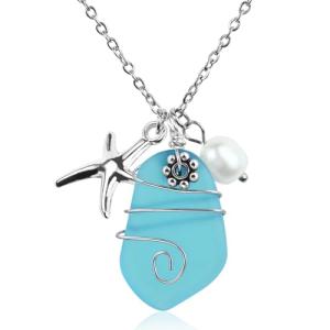 Weviway Sea Glass Wire-Wrapped Necklace with Starfish Pendant, Pearl Charm, Handmade Beach Jewellery for Women
