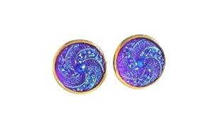 Handmade stunning lavender and lilac, shimmering swirl cabochon gold stud earrings