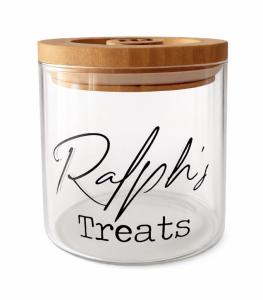 MYuniqueDECOR® Personalised Pet Treat Glass Storage Jar Canister Wooden Lid Airtight Dog Cat