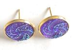 Handmade stunning lavender and lilac, shimmering swirl cabochon gold stud earrings