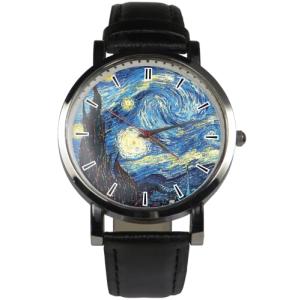 Starry Night painting design wristwatch - Black/Brown strap (Black)