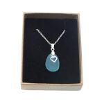 Seafoam Blue Cornish Seaglass Necklace With Silver Heart Charm, Handmade in Cornwall - Gift Boxed - A11