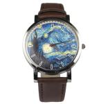 Starry Night painting design wristwatch - Black/Brown strap (Black)