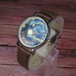 Starry Night painting design wristwatch - Black/Brown strap (Black)