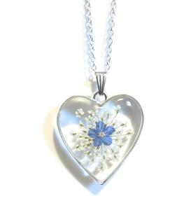Cotswold Crafts By Emma Handmade Forget Me Not and Queen Annes Lace Flower Keepsake Pendant and silver necklace. 13th Lace Anniversary (Silver Heart Forget Me Not Pendant)