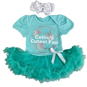 Baby Girls Celtic's Cutest Fan Football Green Tutu Romper with Bow Headband, Newborn Baby Football Kit (6-12 Months)