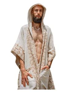 Handmade AYAWA Hooded Kimono Beige Cream Cape Poncho Robe Shipibo Sacred Patterns Ceremony Ritual Shaman Tribal Shawl Viking Festival Wrap AJJAYA
