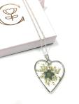 Cotswold Crafts By Emma Handmade Forget Me Not and Queen Annes Lace Flower Keepsake Pendant and silver necklace. 13th Lace Anniversary (Silver Heart Forget Me Not Pendant)