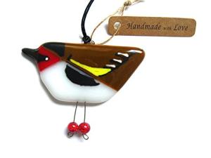 Fused glass hanging Goldfinch. A modern British garden bird sun catcher in glass BD414