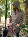 Handmade SATI Hooded Poncho Graphite Grey Handwoven Wool Premium Pure Cashmere Hood Zen Embroidery Boho Gypsy Festival Mexican Aztec Celtic AJJAYA