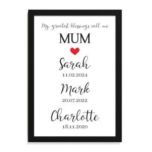 Beecreative PERSONALISED Mothers Day Gifts Mum Mummy We Love You Dates of Birth Birthdays - PERSONALISED with ANY NAME and ANY RECIPIENT - Black or White Framed A5, A4, A3 Prints