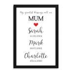 Beecreative PERSONALISED Mothers Day Gifts Mum Mummy We Love You Dates of Birth Birthdays - PERSONALISED with ANY NAME and ANY RECIPIENT - Black or White Framed A5, A4, A3 Prints