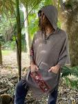 Handmade SATI Hooded Poncho Graphite Grey Handwoven Wool Premium Pure Cashmere Hood Zen Embroidery Boho Gypsy Festival Mexican Aztec Celtic AJJAYA