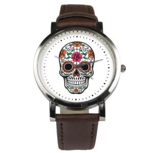 Sugar Skull design wristwatch - Black/Brown strap (Black)