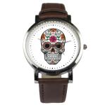 Sugar Skull design wristwatch - Black/Brown strap (Black)