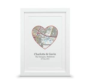 Personalised heart map print | New home, Anniversary, Wedding Gift (A4-30x21cm, Print & Standard Frame)