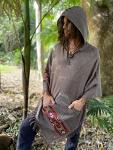 Handmade SATI Hooded Poncho Graphite Grey Handwoven Wool Premium Pure Cashmere Hood Zen Embroidery Boho Gypsy Festival Mexican Aztec Celtic AJJAYA
