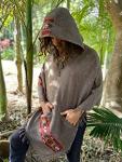 Handmade SATI Hooded Poncho Graphite Grey Handwoven Wool Premium Pure Cashmere Hood Zen Embroidery Boho Gypsy Festival Mexican Aztec Celtic AJJAYA