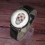 Sugar Skull design wristwatch - Black/Brown strap (Black)