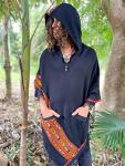 Handmade VIRIYA Poncho Midnight Black Handwoven Wool Premium Pure Cashmere Winter Zen Embroidery Boho Gypsy Festival Rave Mexican Aztec Celtic AJJAYA