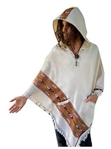 Handmade VIRIYA Poncho Ivory White Handwoven Wool Premium Pure Cashmere Winter Zen Embroidery Boho Gypsy Festival Rave Mexican Aztec Celtic AJJAYA