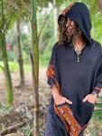 Handmade VIRIYA Poncho Midnight Black Handwoven Wool Premium Pure Cashmere Winter Zen Embroidery Boho Gypsy Festival Rave Mexican Aztec Celtic AJJAYA