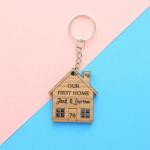 Personalised Wooden Keyring Set – First Home Gift – Custom Names & House Number – New Home Keyrings for Couples – Forever Home Housewarming Present – Set of 2