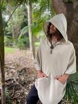 Handmade AKALIKO Hooded Poncho Cream Beige Handwoven Wool Premium Pure Cashmere Pockets Hood Minimalist Simple Zen Gypsy Festival Mexican Boho AJJAYA
