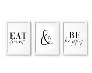 Violet Grace Eat Drink & Be Happy Set Of 3 Prints - Kitchen, Dining Room Wall Art - A5 A4 A3 Unframed Black And White Typography Print Picture Poster Home Décor