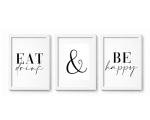 Violet Grace Eat Drink & Be Happy Set Of 3 Prints - Kitchen, Dining Room Wall Art - A5 A4 A3 Unframed Black And White Typography Print Picture Poster Home Décor
