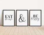 Violet Grace Eat Drink & Be Happy Set Of 3 Prints - Kitchen, Dining Room Wall Art - A5 A4 A3 Unframed Black And White Typography Print Picture Poster Home Décor