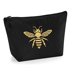 Bee Makeup Bag – Black Cotton Canvas Cosmetic Pouch with Gold Glitter Bee Design – Spacious Zippered Storage Bag for Beauty Products, Toiletries & Travel – Gift for Bee Lovers