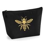 Bee Makeup Bag – Black Cotton Canvas Cosmetic Pouch with Gold Glitter Bee Design – Spacious Zippered Storage Bag for Beauty Products, Toiletries & Travel – Gift for Bee Lovers